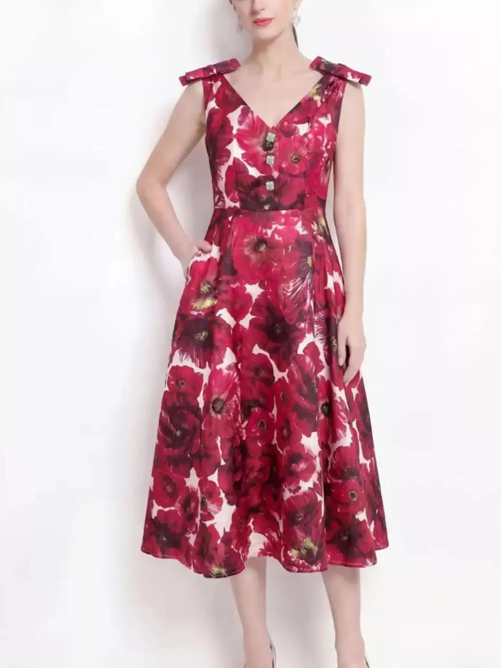 Neck V-Neck Sleeveless Midi Dress