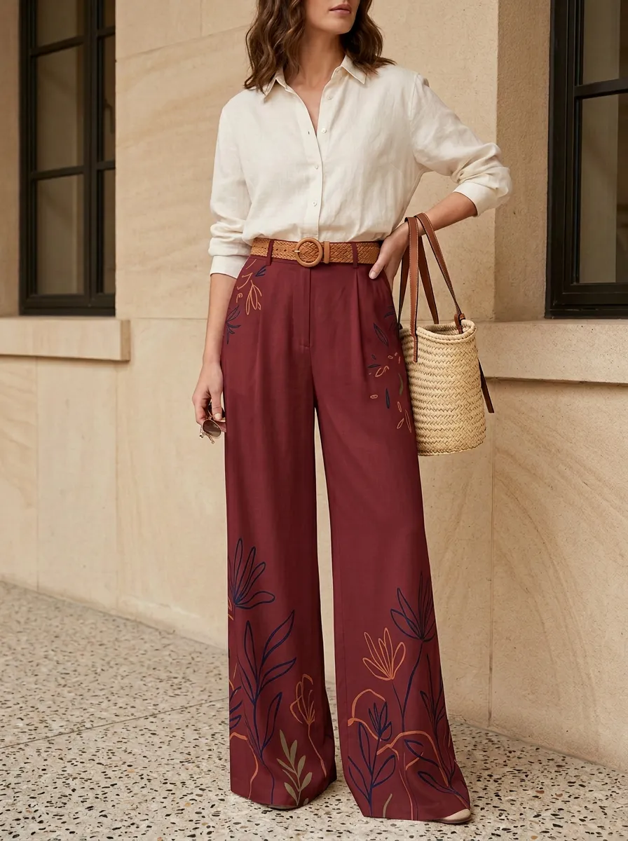 Women's Off-White Botanical Print Navy High-Waisted Wide-Leg Trousers