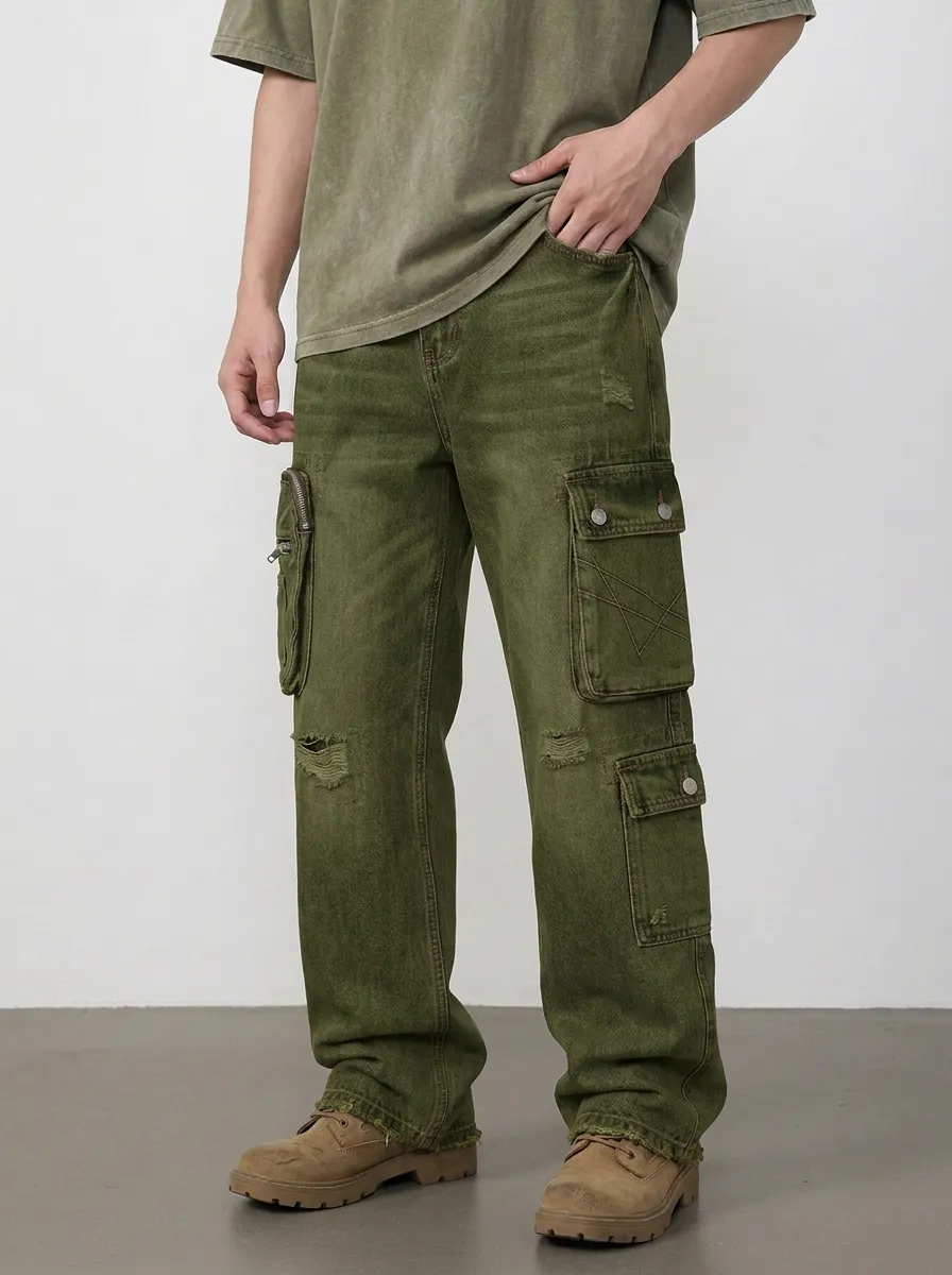 Men's Ridge Vintage Distressed Multi-Pocket Denim Cargo Jeans