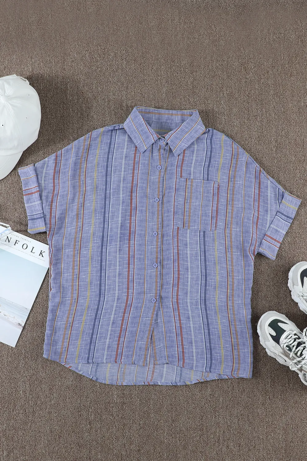 V Neck Stripes Roll Up Shirt