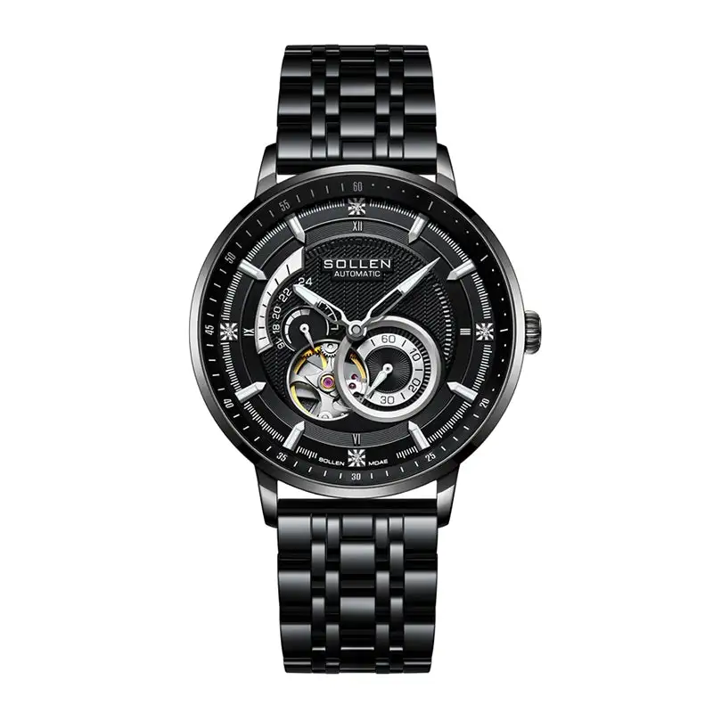 Sollen SL356 Men's Real Diamond Open Heart Automatic Watch - 42mm Stainless Steel Case Slim 9.9mm Sapphire Crystal Miyota Movement Bracelet Wristwatch