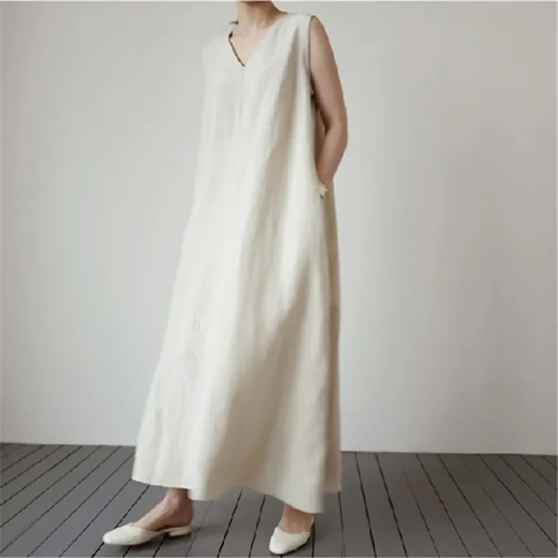V-Neck Linen Blend Maxi Dress