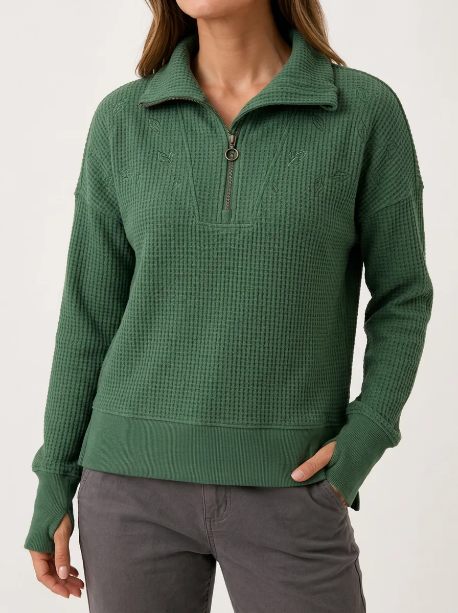 Clean Contemporary Leaf Embroidered Waffle Knit Quarter Zip Top