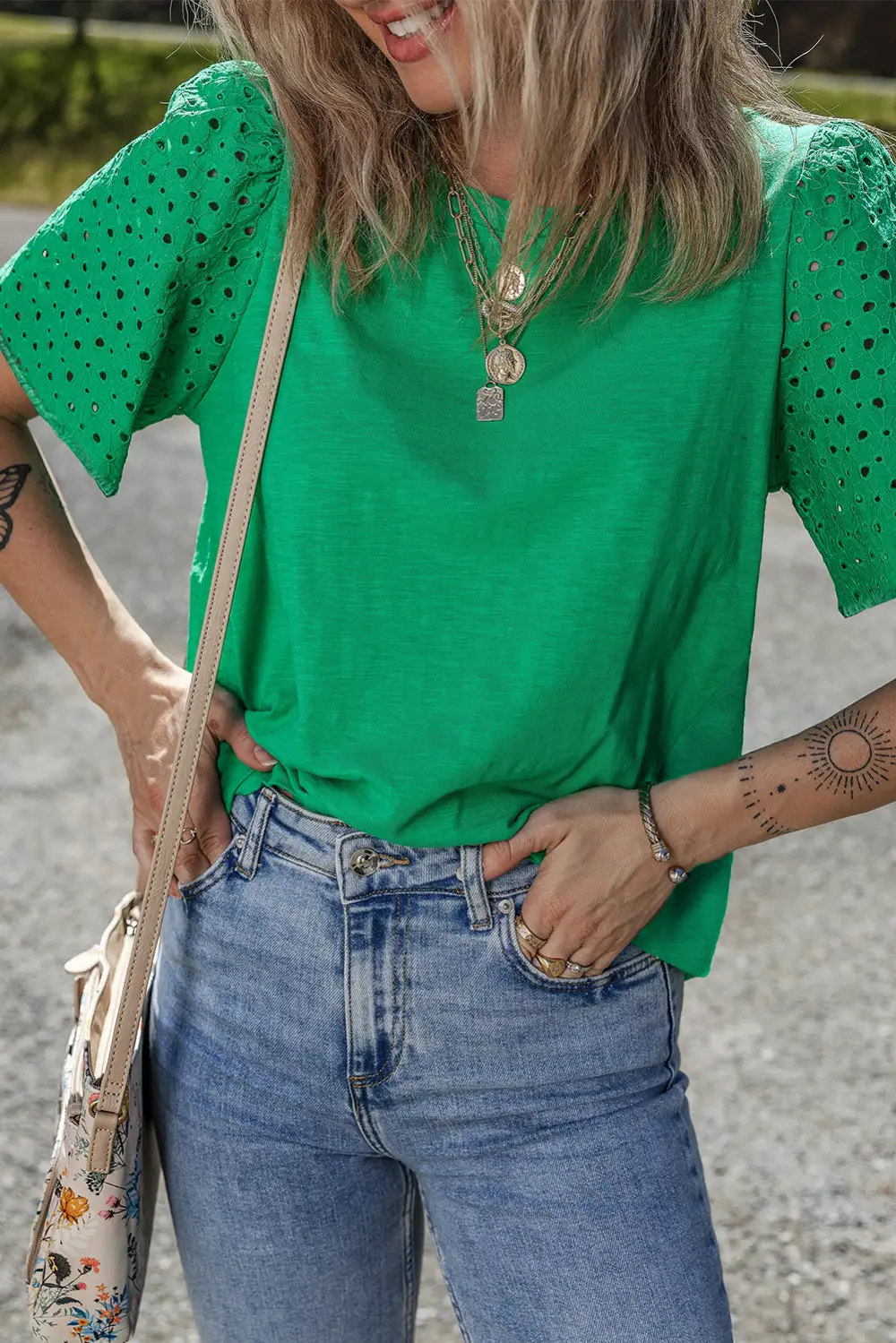 Bright Green Eyelet Embroidered Patchwork