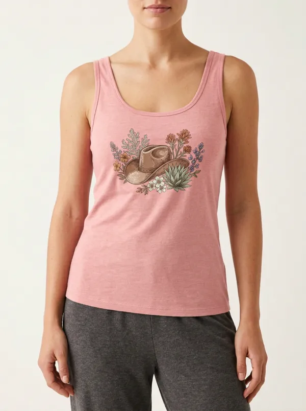 Cowboy-Hat Floral Built-In Bra Tank Top