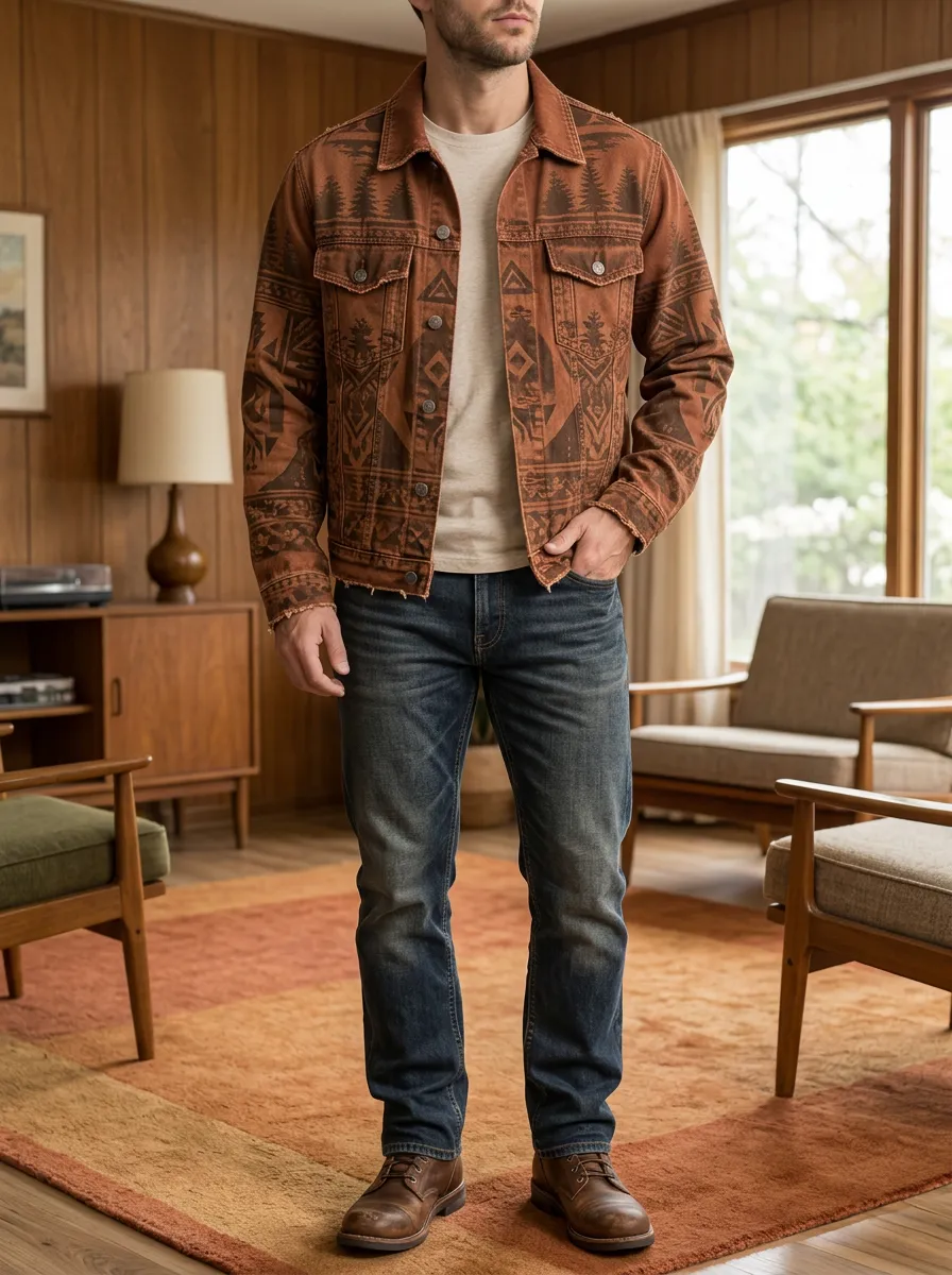 Men's Southwestern Forest Pattern Printed Denim Jacket