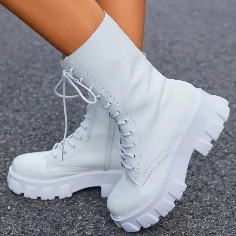 Chunky Platform Lace-Up Boots Round Toe Mid-Calf Combat Boots