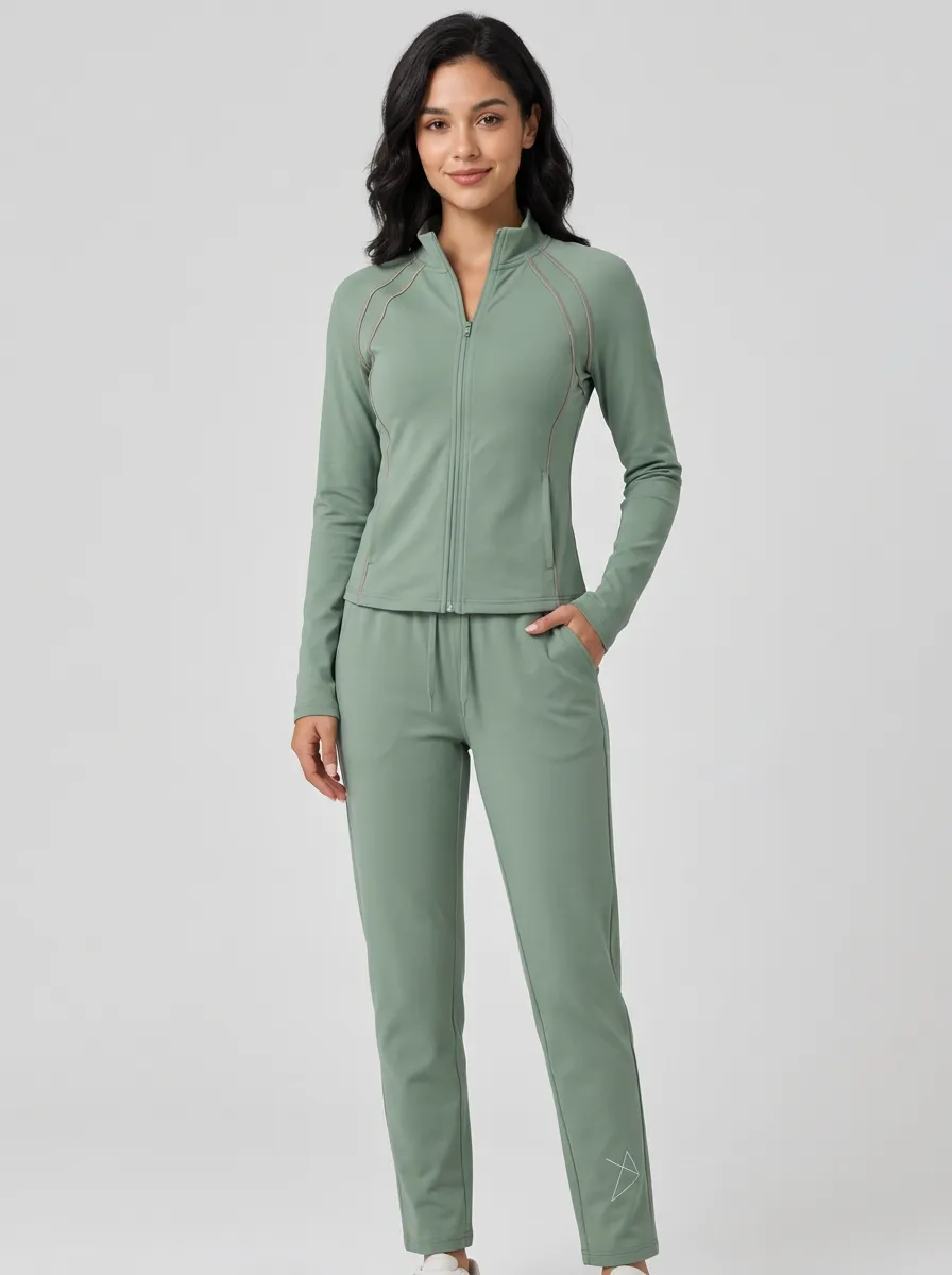 Women's Sage Green Athletic Zip-up Piping Detail Tracksuit