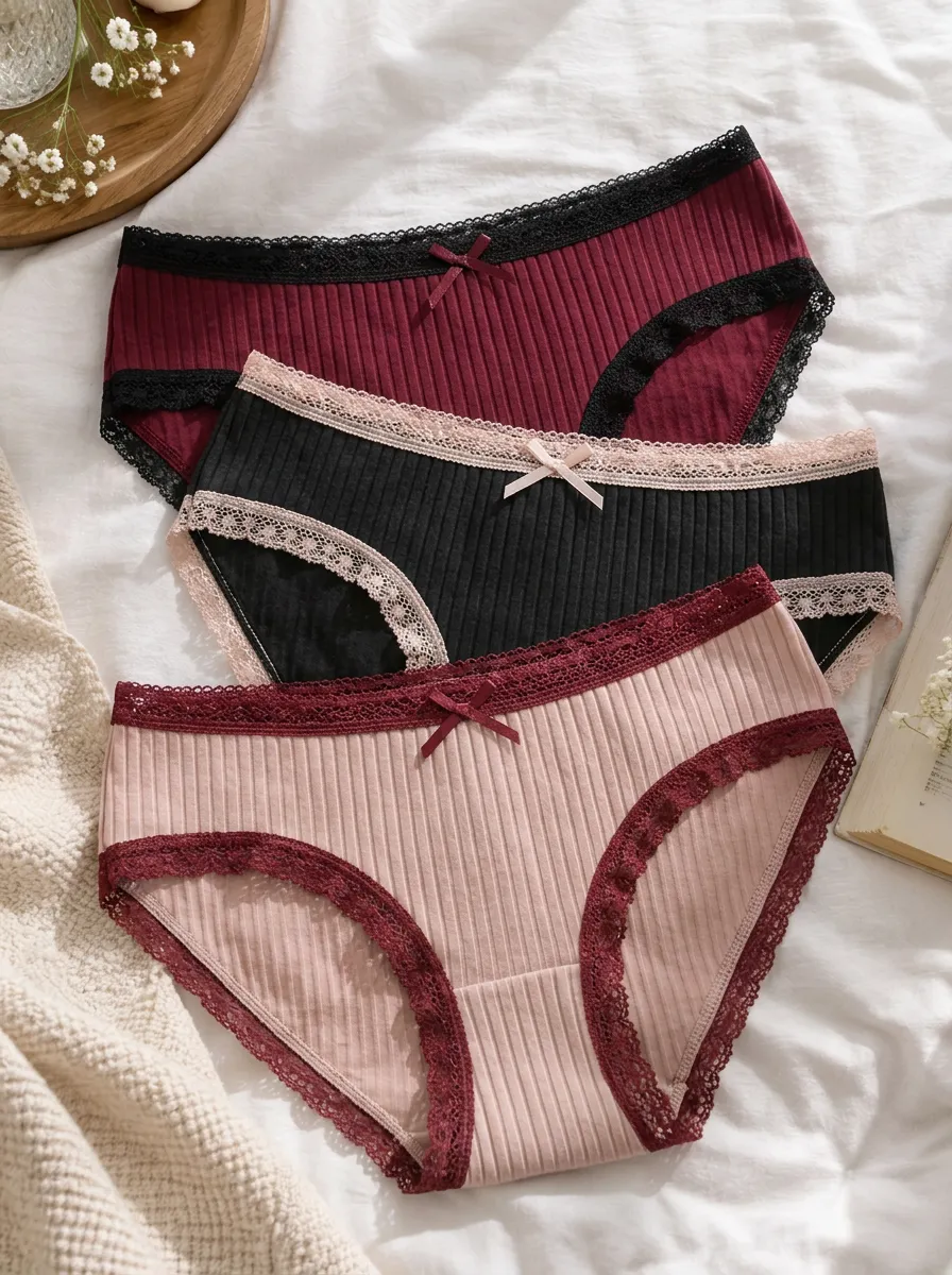 Women's Rib Texture Lace Trim Bow Detail 3-Pack Panty Set