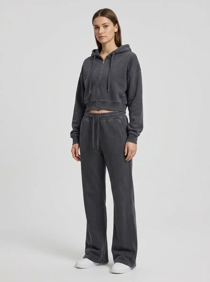 Women's Sport Inspired Cropped Hooded Jacket and Flare Pants Active Set