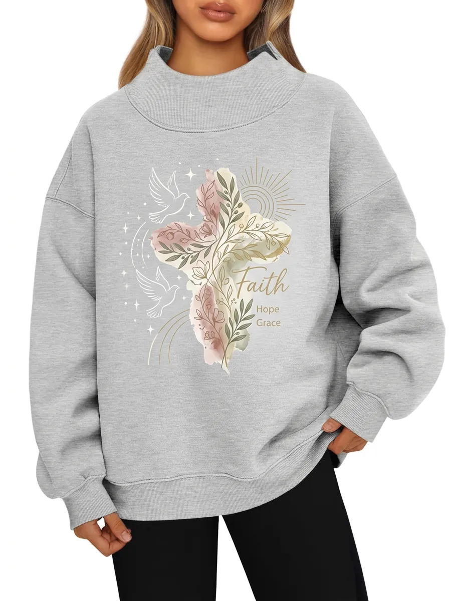 Women's Grey Dove Cross Drop Shoulder Mock Neck Sweatshirt