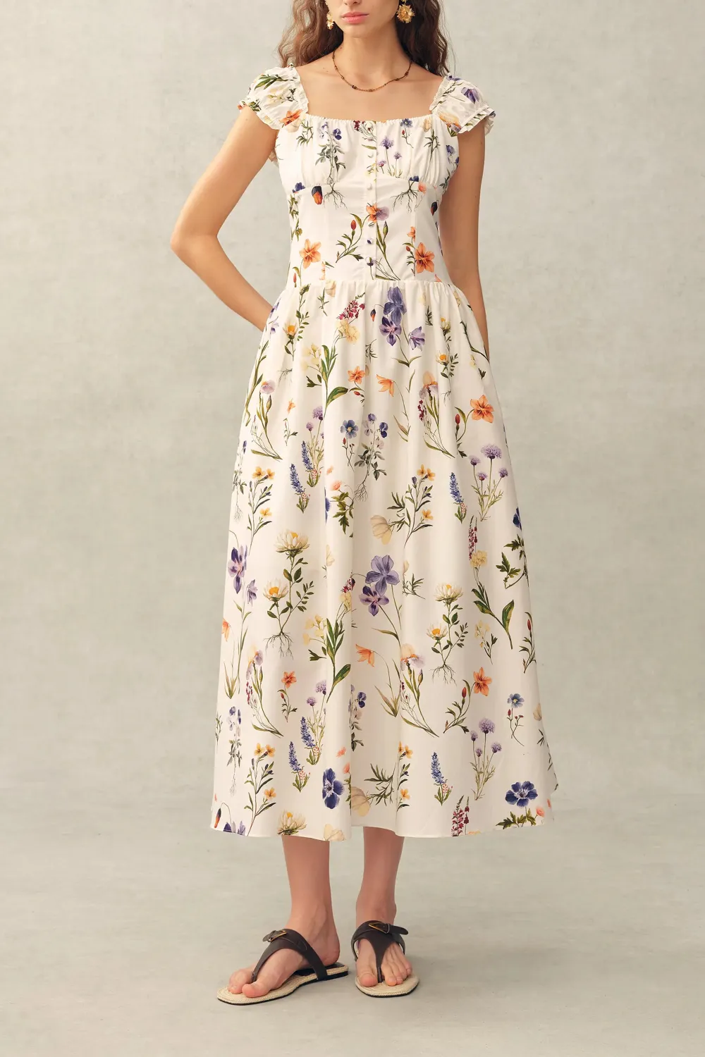 Sleeveless Ruffled Hand-Painted Silk Cotton Midi Dress