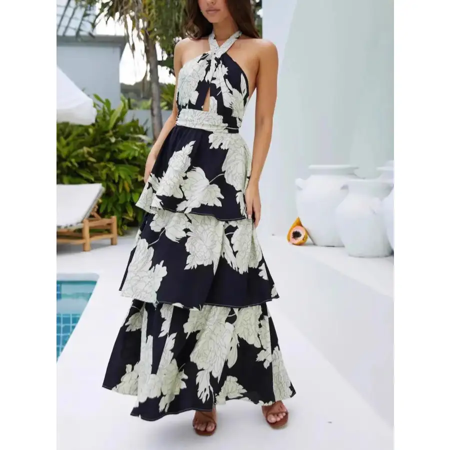 Printed Halter Neck Tiered Maxi Dress