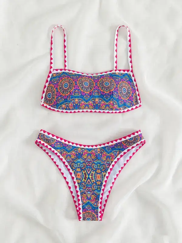 Crocheted Halterneck Tube Top Split Bikini Swim Set