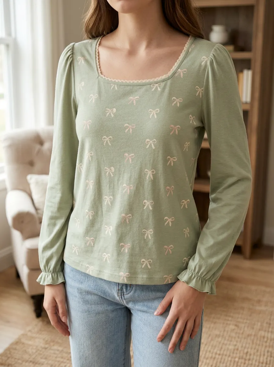 Women's Coquette Aesthetic Bow Printed Long Sleeve Top