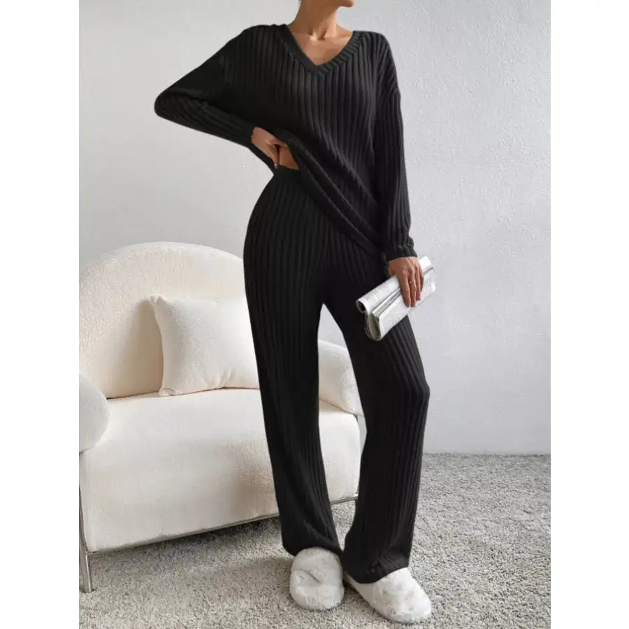 Classic Ribbed Knit Long Sleeve Top and Pants Set