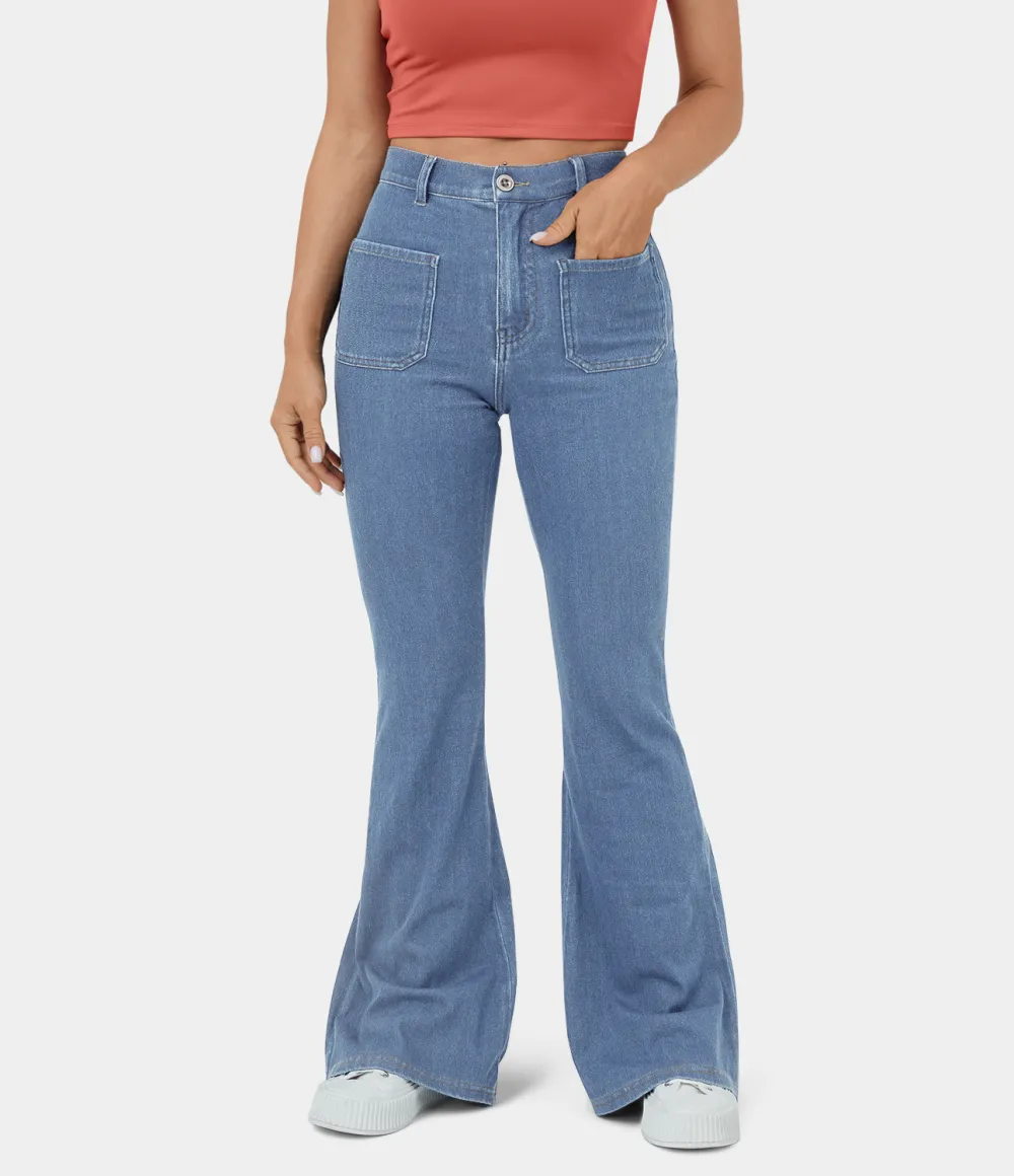Magic High Waisted Button Pockets Stretchy Knit Casual Flare Jeans