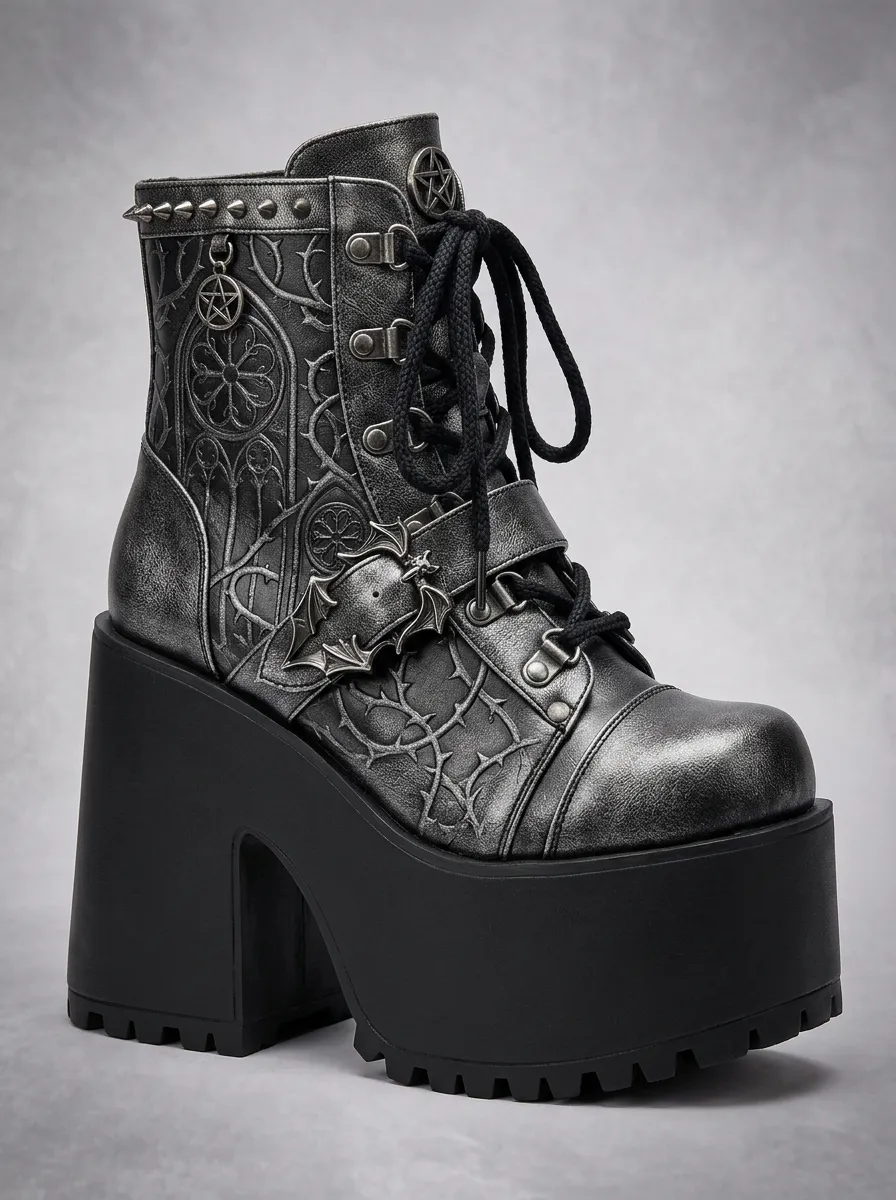 Mystic Pentagram Bat Profile Women's Gothic Platform Boots