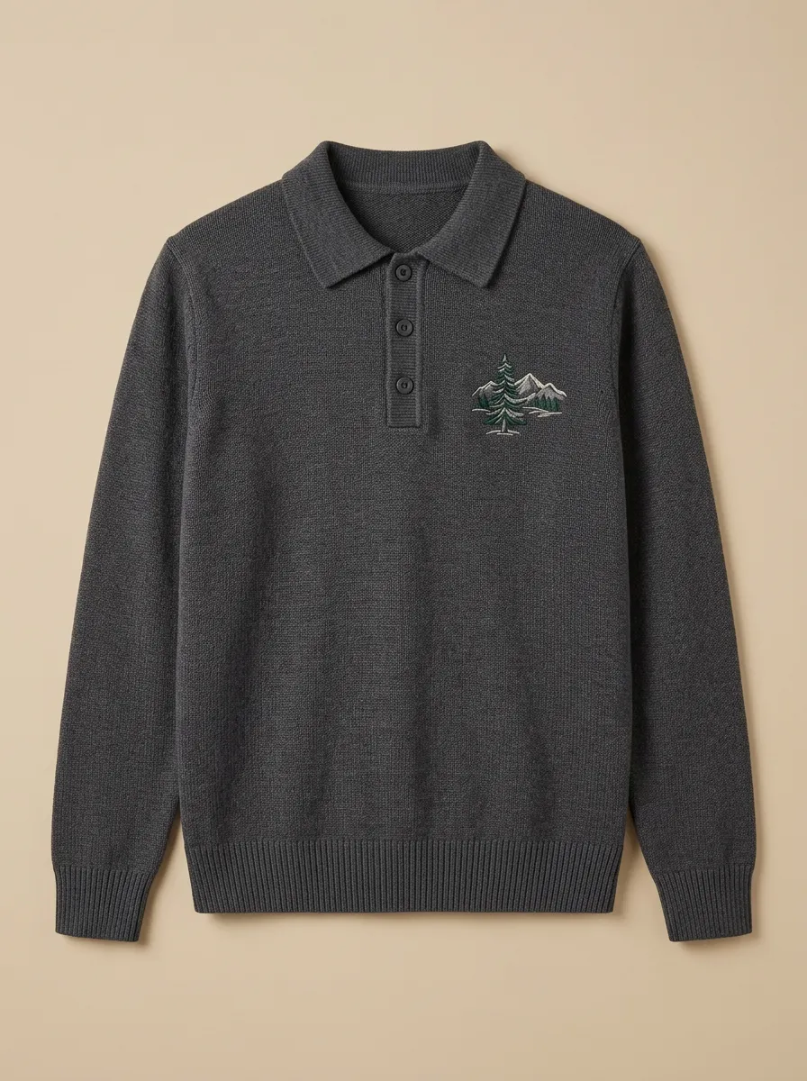 Men's Outdoor Mountain Pine Embroidered Polo Knit Sweater