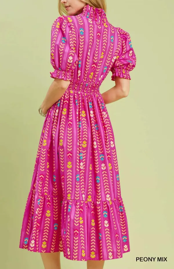 Smocked Vibrant Ruffle Smocked Midi Dress