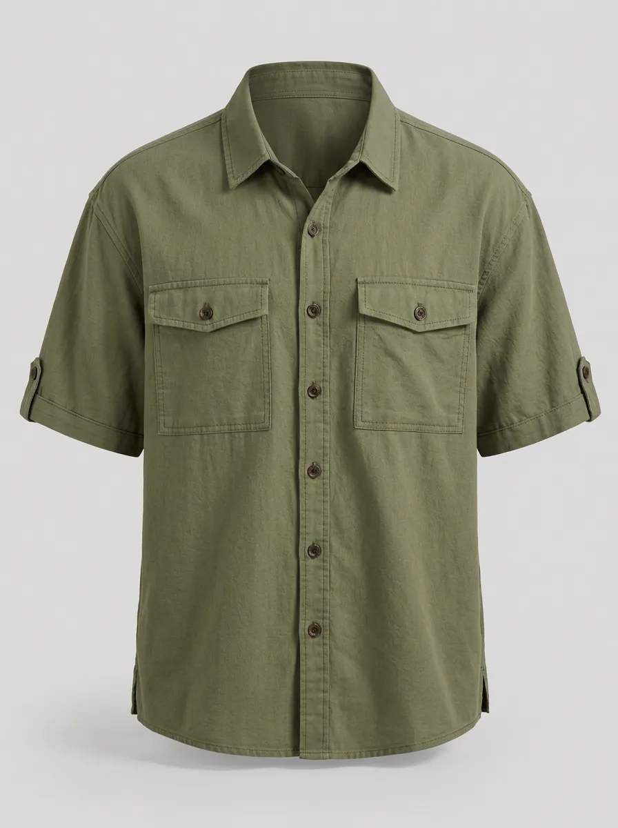 Men's Olive Utility Short-Sleeve Button-Down Shirt - Design F
