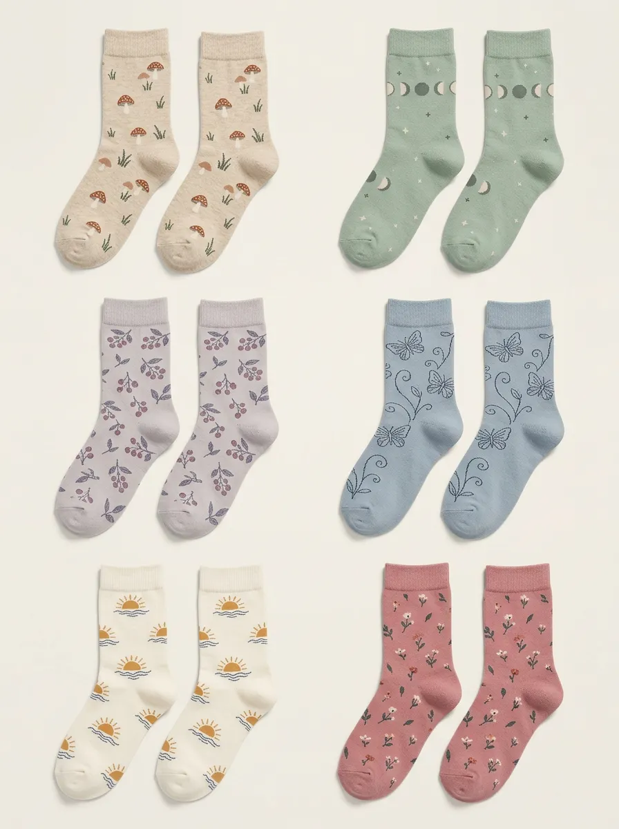Women's Mixed Nature Graphic Crew Socks Six Pair Set