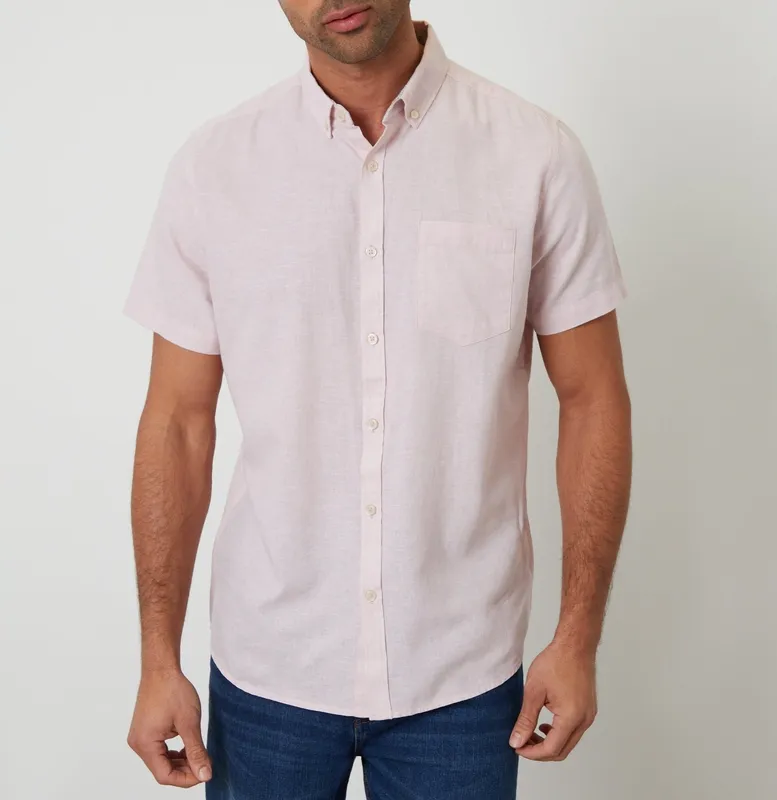 Pink Short-Sleeve Linen-Blend Shirt