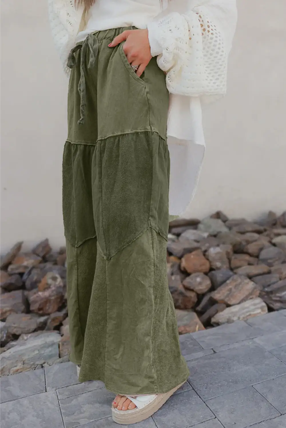 Classic Wash Tiered Wide Leg Patchwork Drawstring Trousers