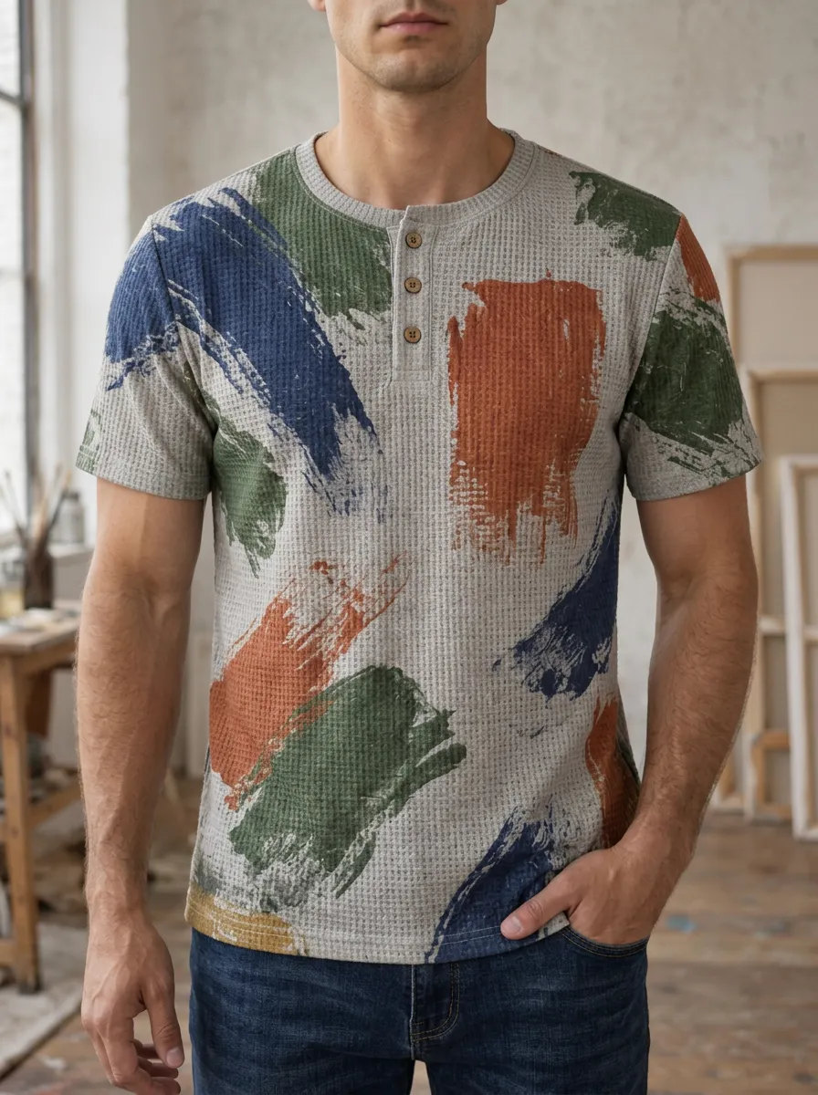 Men's Casual Abstract Paint Stroke Waffle Knit Henley T-Shirt
