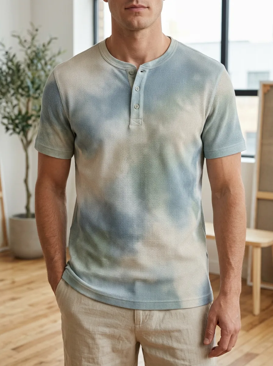 Men's Relaxed Tie-Dye Waffle Knit Buttoned Henley T-Shirt