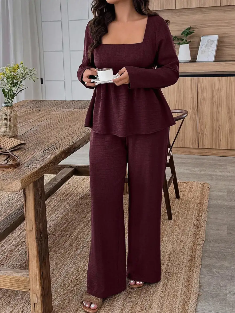 Plus Size Square Neck Long Sleeve Top and Pants