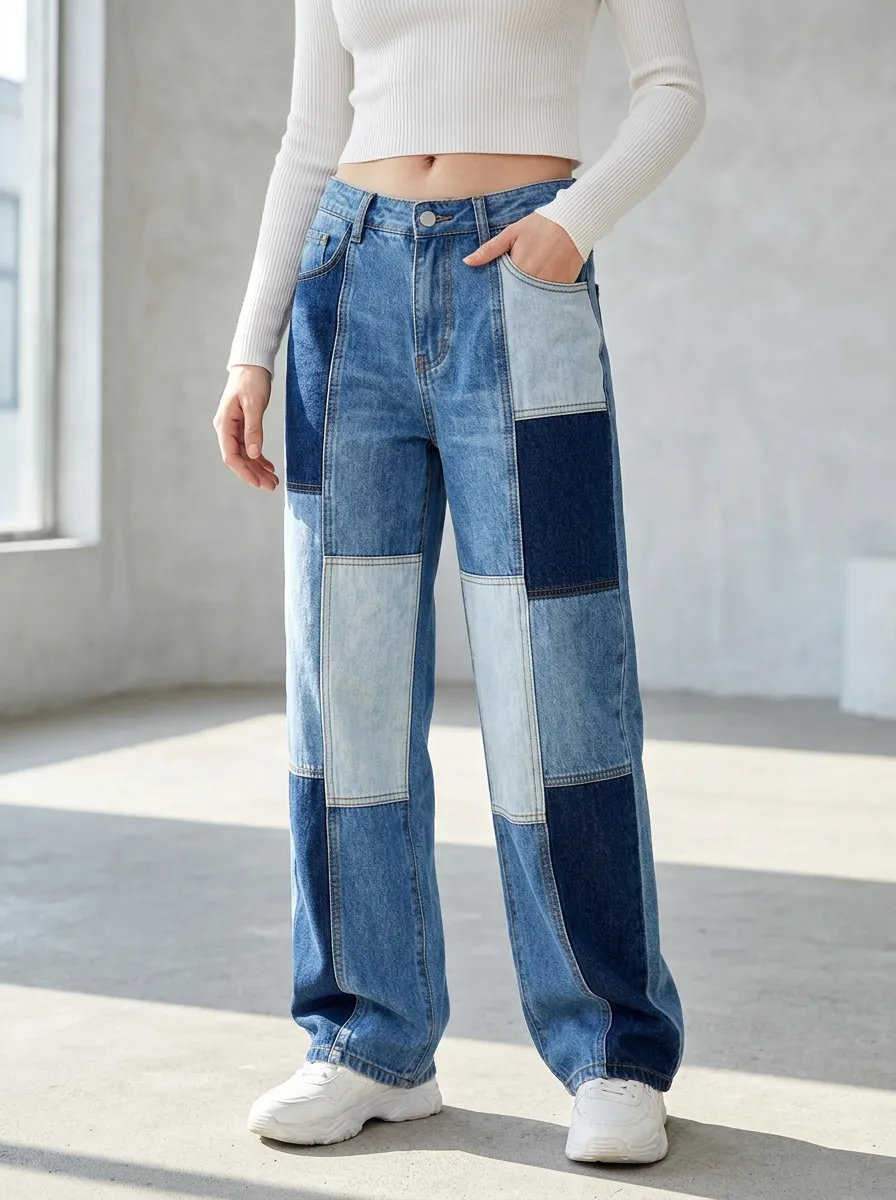 Women's Casual Fashion Colorblock Patchwork Printed Jeans