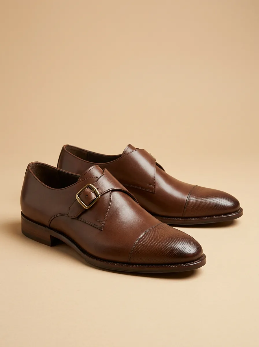 Men's Business Formal Leather Monk Strap Cap Toe Shoes