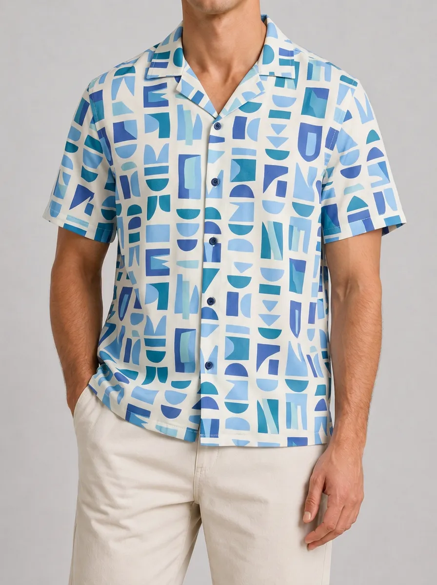 Men's Geometric Abstract Blue Pattern Printed Camp Collar Shirt