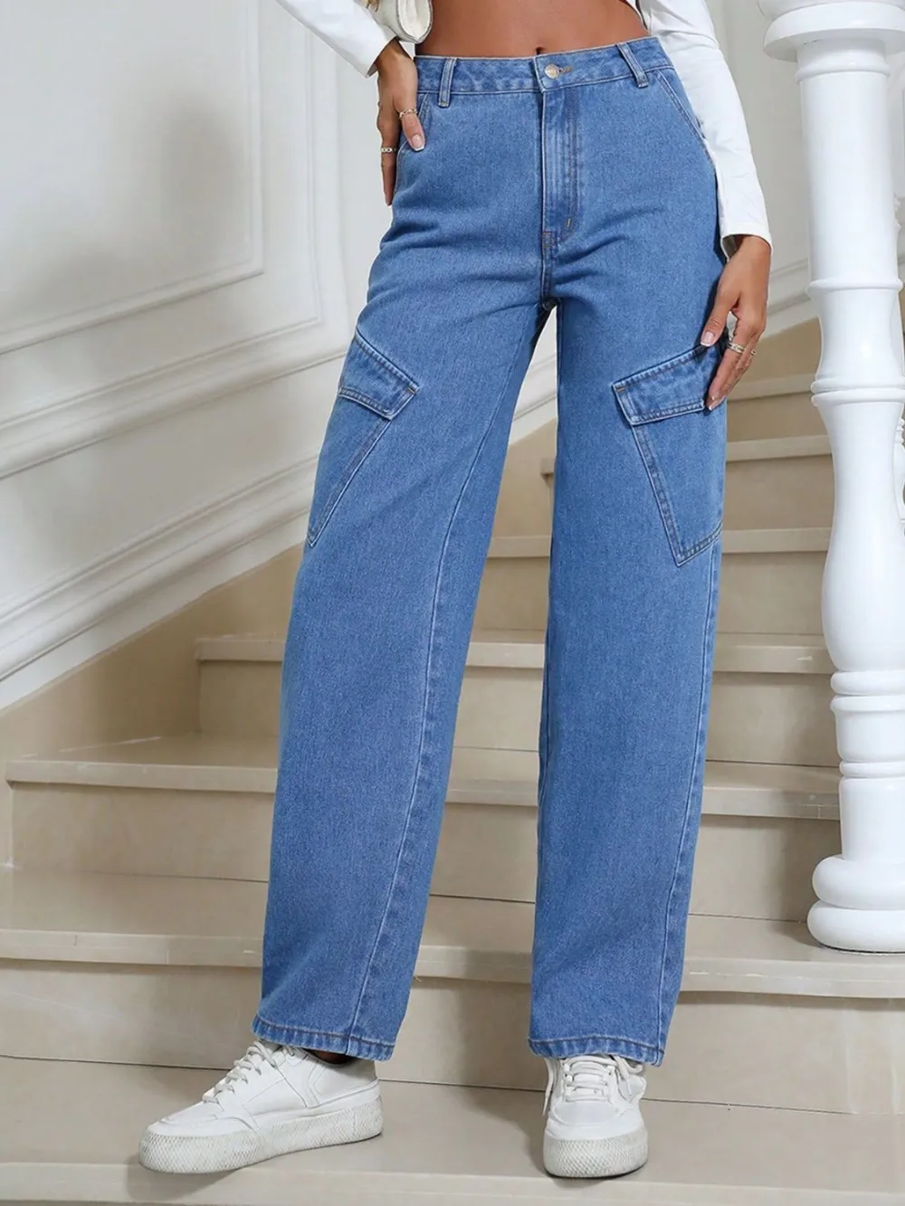 High Waist Straight Leg Pocket Denim Jeans
