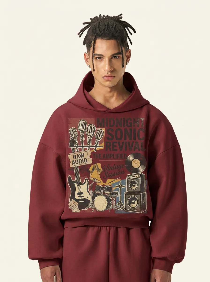 Men's Music Lover Vintage Band Instrument Printed Hoodie
