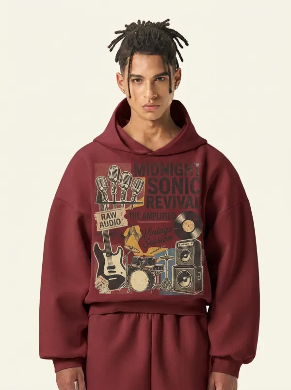 Men's Music Lover Vintage Band Instrument Printed Hoodie