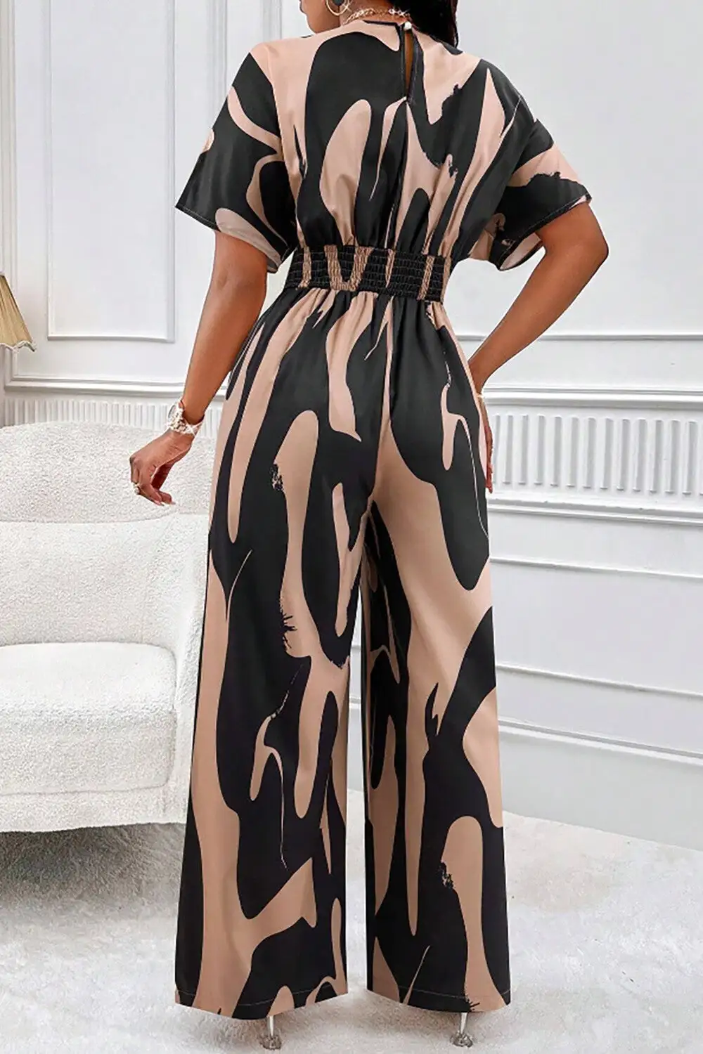 Abstract Print V Neck Short Sleeve High Waist Wide Leg Jumpsuit-Black