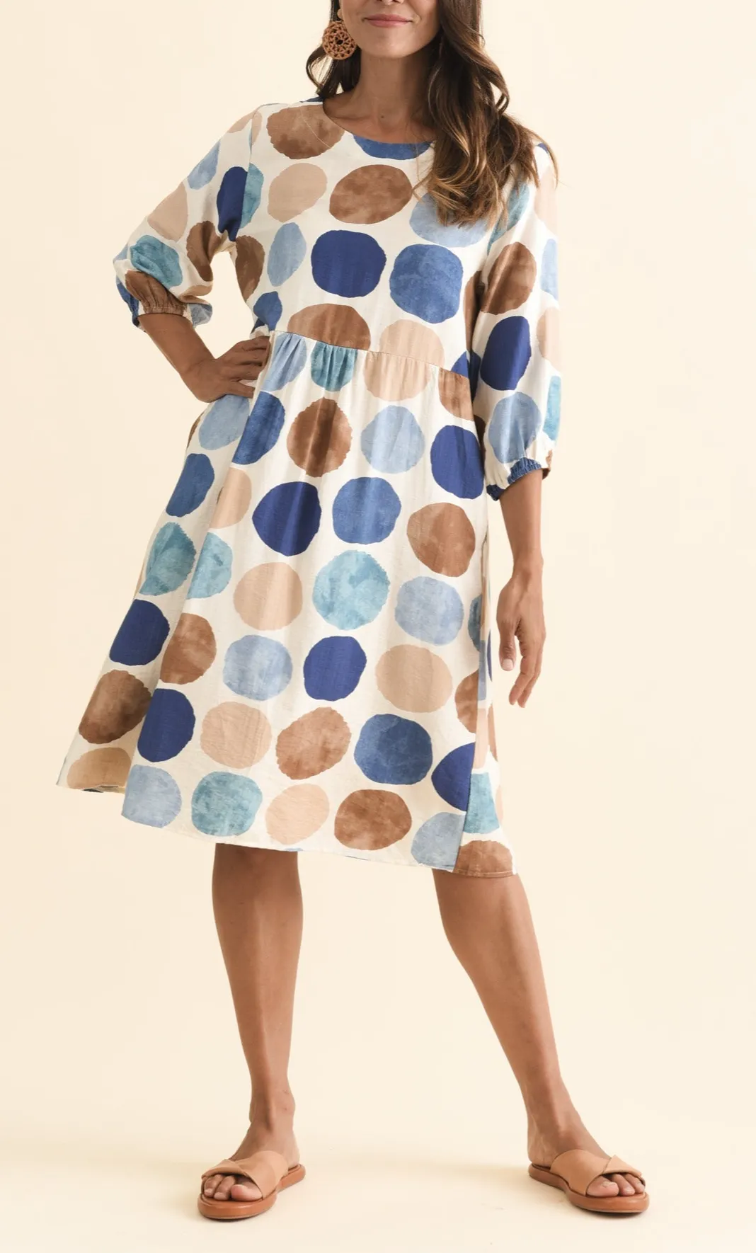 Knee-Length Spot-Print Cotton Gathered Pocket Round-Neck Half-Sleeve Dress