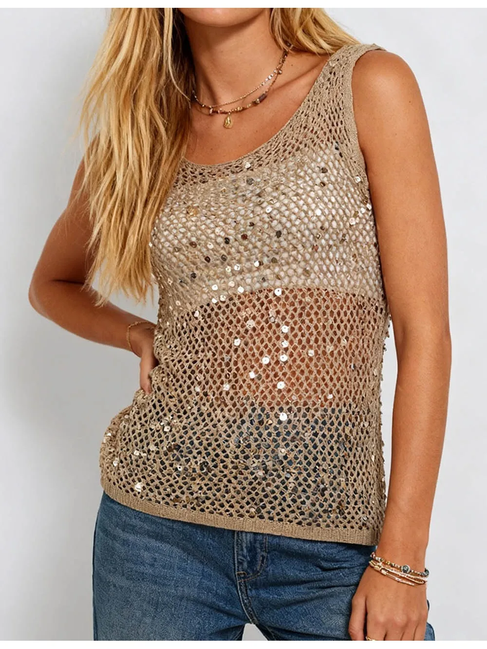 Chic Shiny Sequin Crochet Hollow Out Tank Top