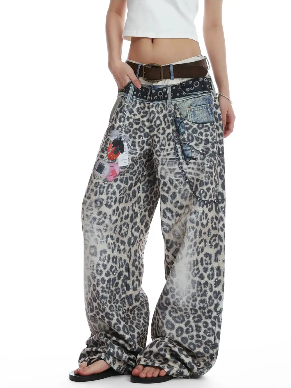 Wide-Leg Printed Contrast-Detail Pants