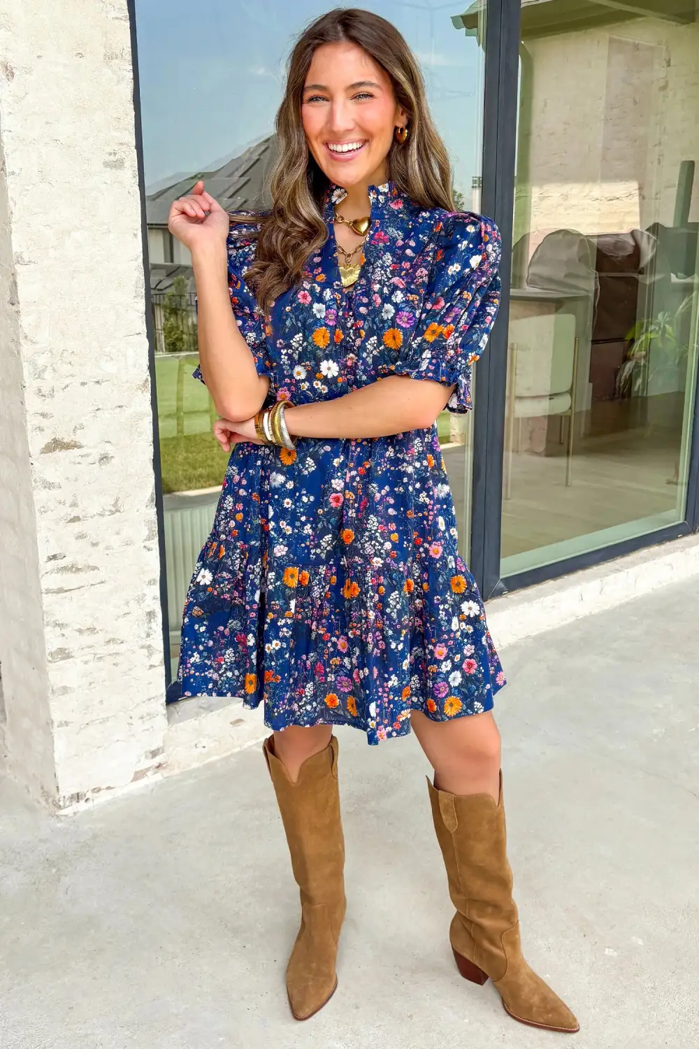 Floral Split Neck Puff Sleeve Mini Dress