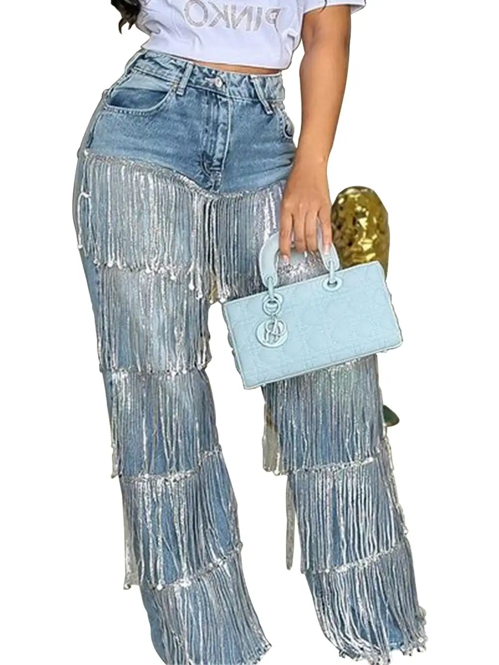High-waist Fringe Detail Wide-leg Jeans