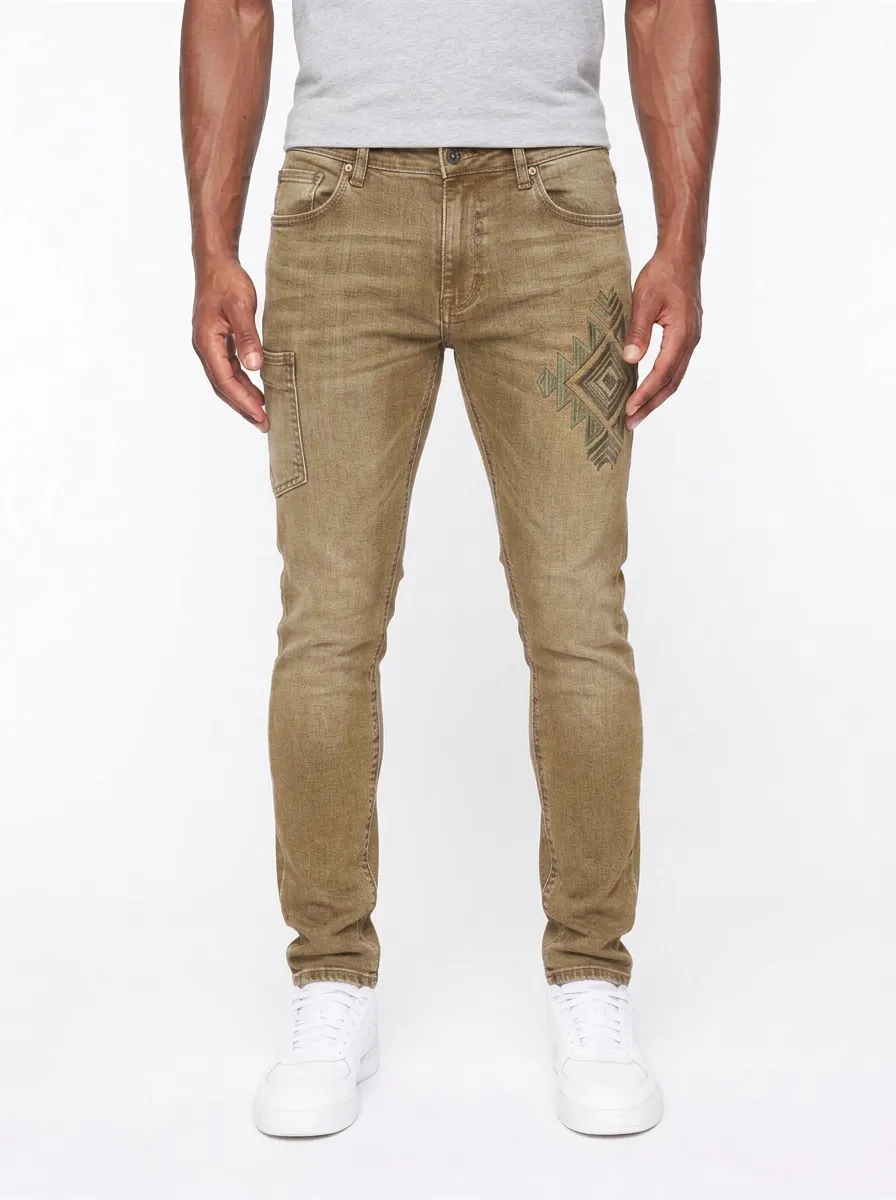 Men's Tribal Geometric Pattern Printed Slim-Fit Jeans