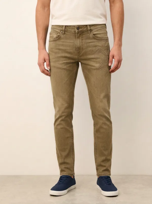 Men's Mid-Blue Geometric Pattern Embroidered Stretch Jeans