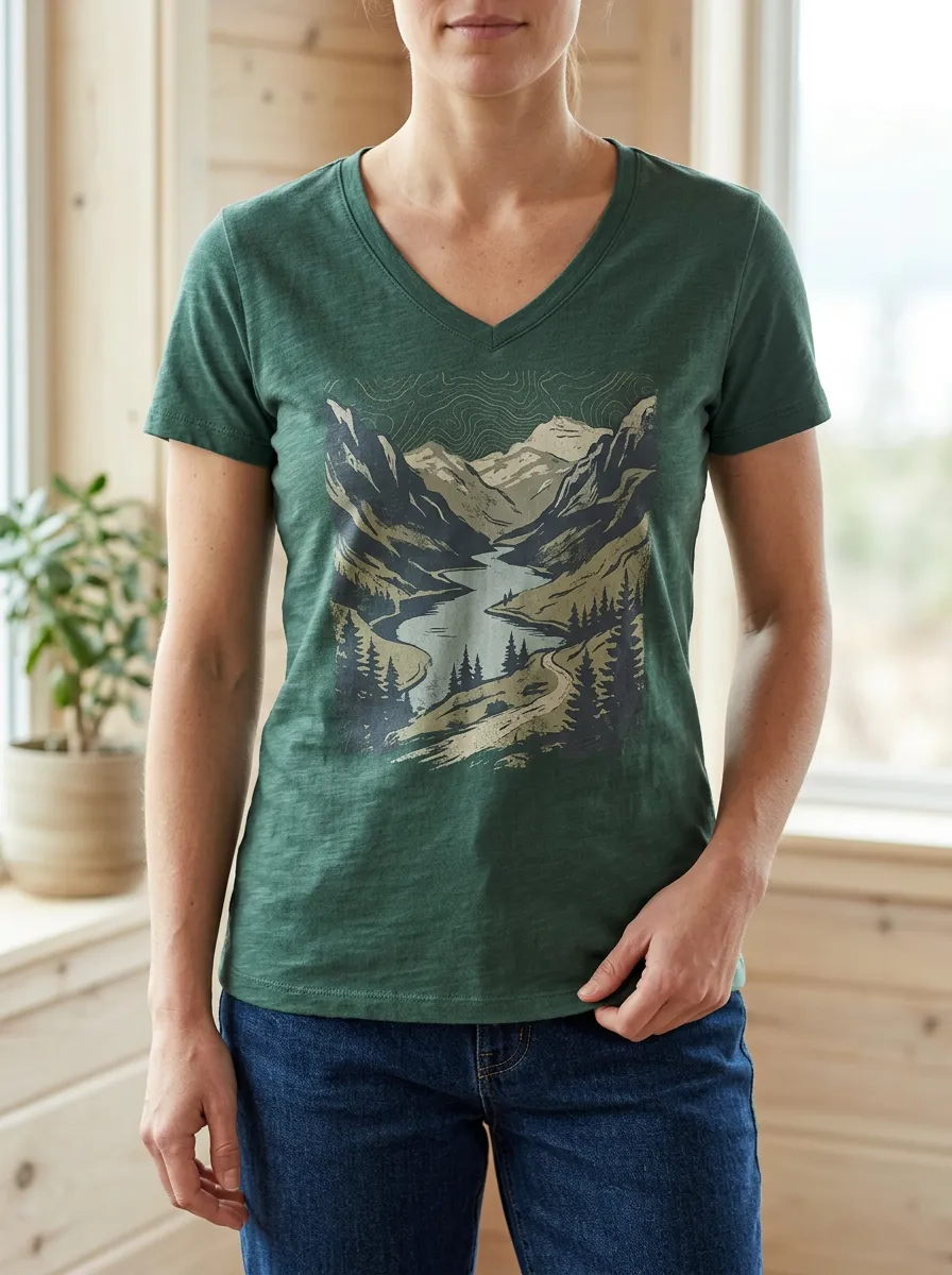 Women's Forest Nature Lover Mountain River V-Neck T-Shirt