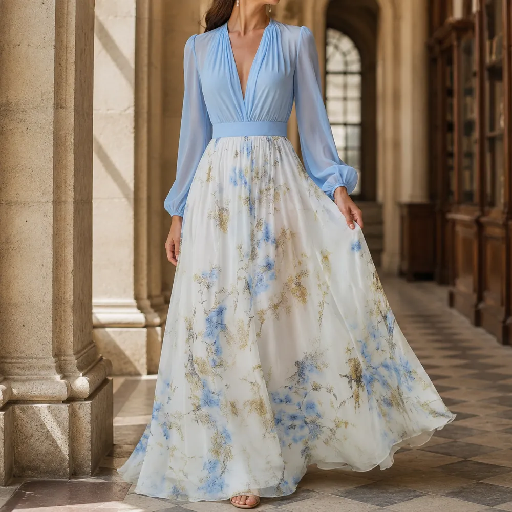 Floral Balloon Sleeve Maxi Dress