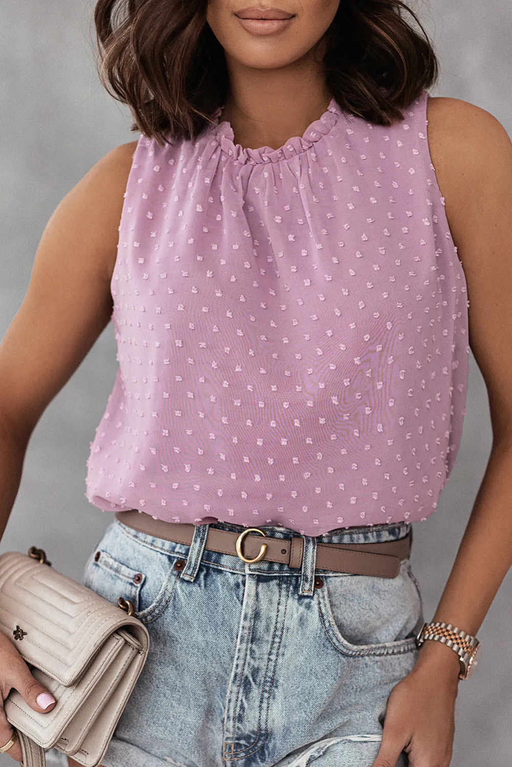 Pink Swiss Dot Sleeveless Ruffle Tank Top