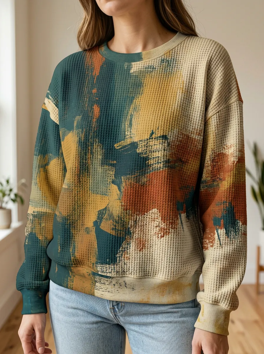 Women's Abstract Brushstroke Art Printed Waffle Knit Crewneck Sweatshirt