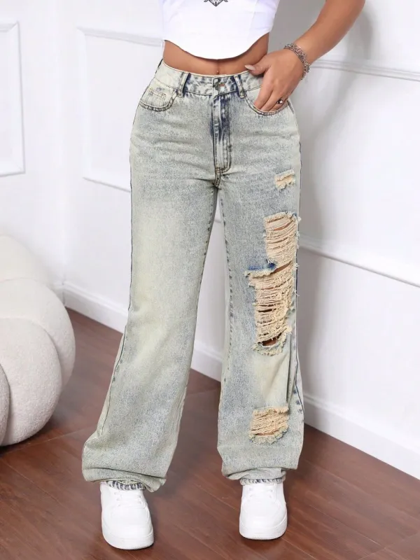 Versatile High Waist Distressed Denim Jeans